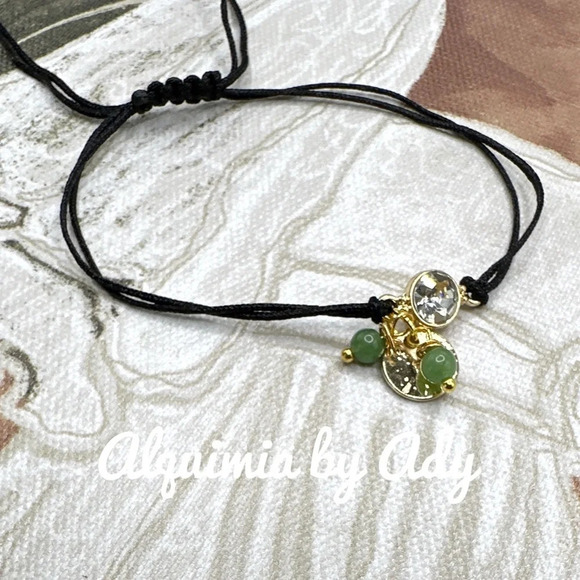 Aventurine dainty gold adjustable bracelet/black cord adjustable multi charms - Picture 2 of 4